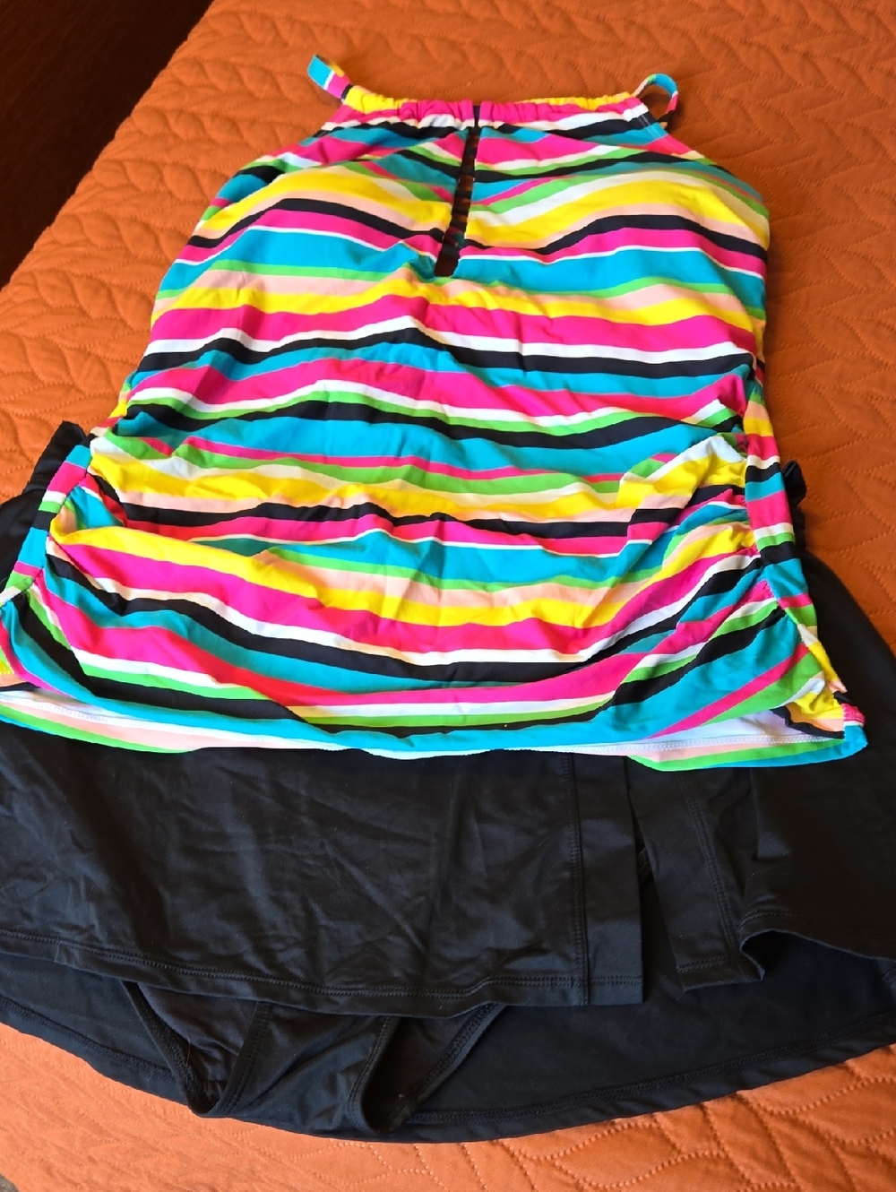 Anne Cole Multi Stripe Tankini Top With Black Skirted Bottom